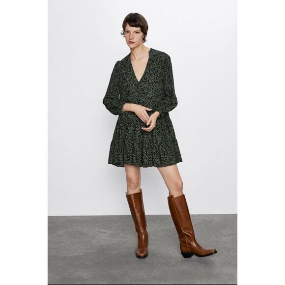 Zara Khaki Green Claris Printed V-Neck Short Sleeve Dress‎ Small - Picture 1 of 6